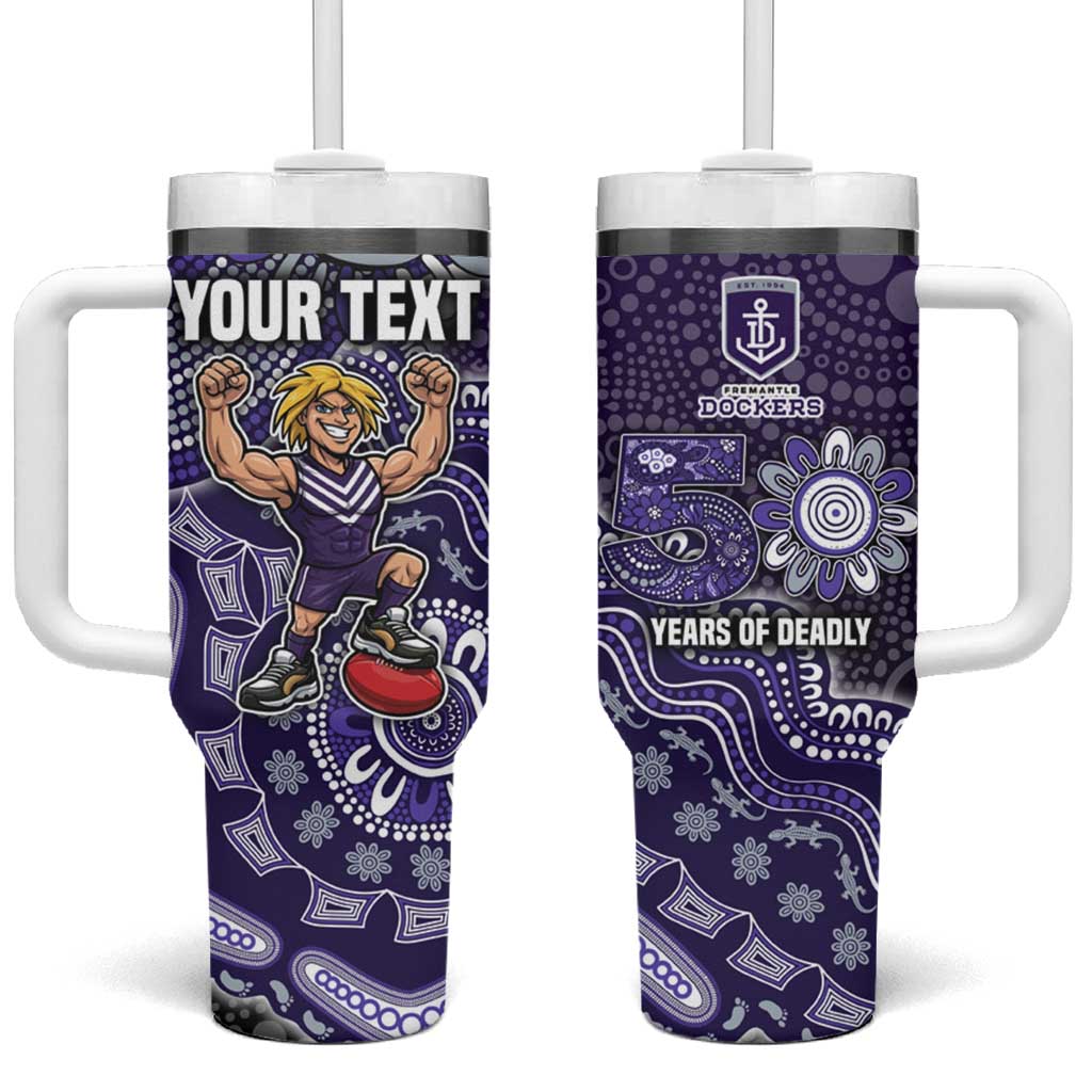 Personalized Freo Football Mascot Tumbler With Handle Aboriginal Dot Art Style Vibrant Indigenous Pattern Design