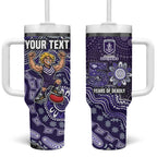 Personalized Freo Football Mascot Tumbler With Handle Aboriginal Dot Art Style Vibrant Indigenous Pattern Design