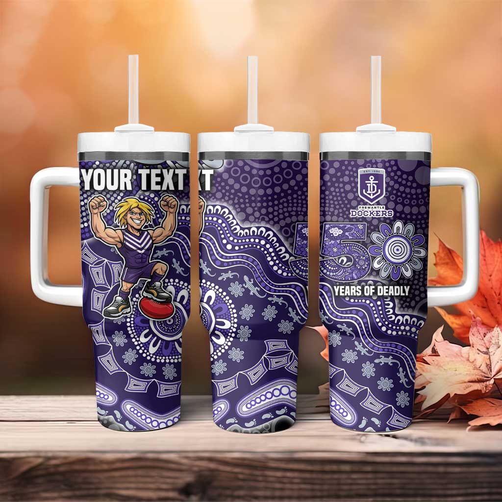 Personalized Freo Football Mascot Tumbler With Handle Aboriginal Dot Art Style Vibrant Indigenous Pattern Design