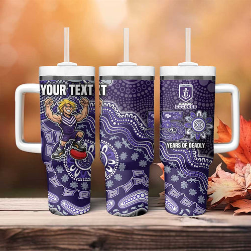 Personalized Freo Football Mascot Tumbler With Handle Aboriginal Dot Art Style Vibrant Indigenous Pattern Design