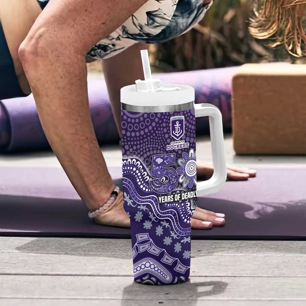 Personalized Freo Football Mascot Tumbler With Handle Aboriginal Dot Art Style Vibrant Indigenous Pattern Design