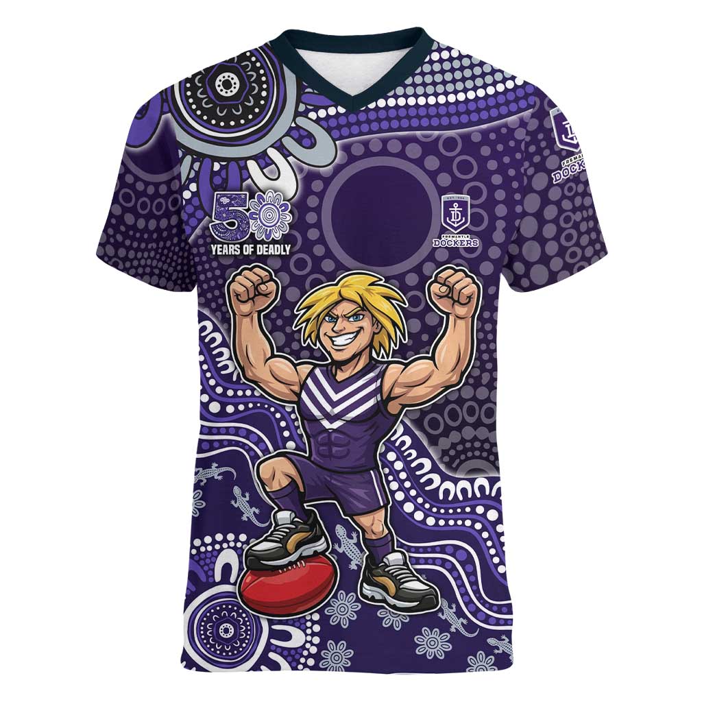 Personalized Freo Football Mascot Women V-Neck T-Shirt Aboriginal Dot Art Style Vibrant Indigenous Pattern Design