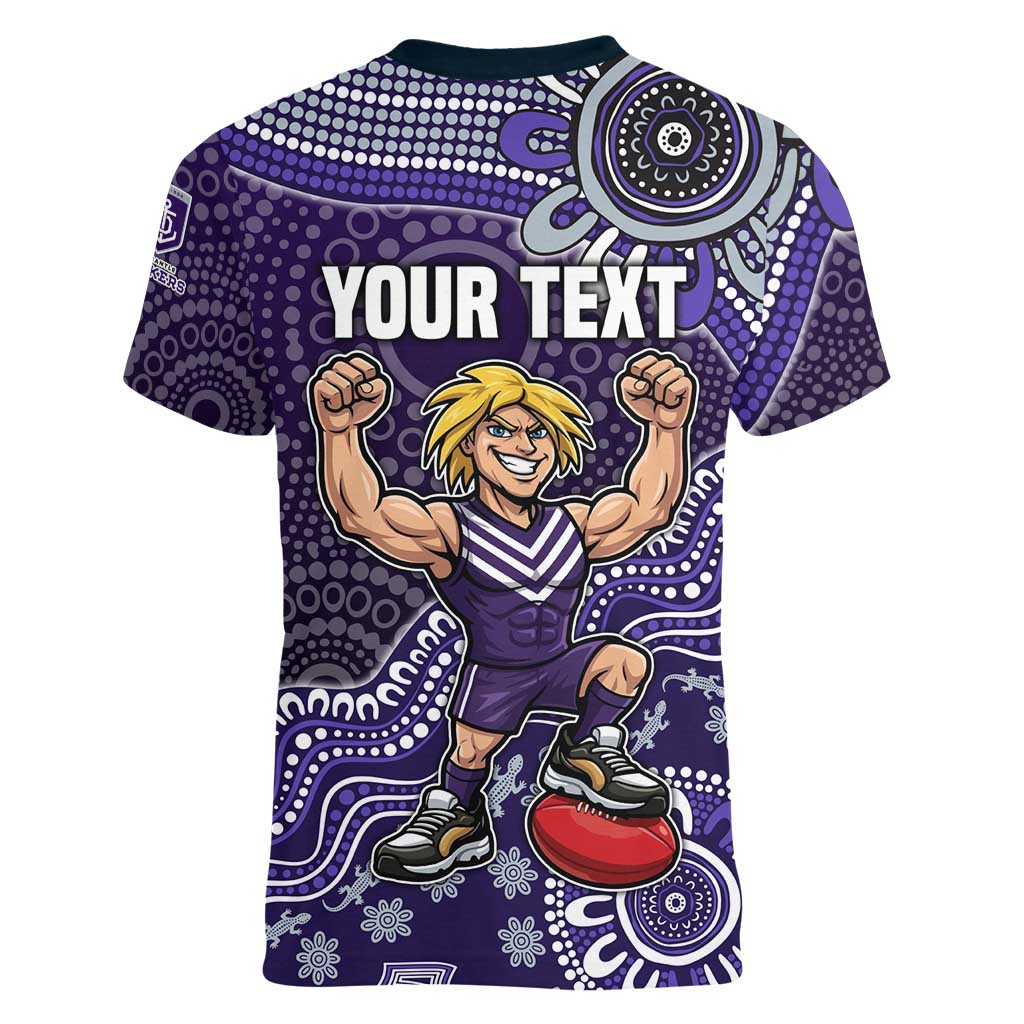 Personalized Freo Football Mascot Women V-Neck T-Shirt Aboriginal Dot Art Style Vibrant Indigenous Pattern Design