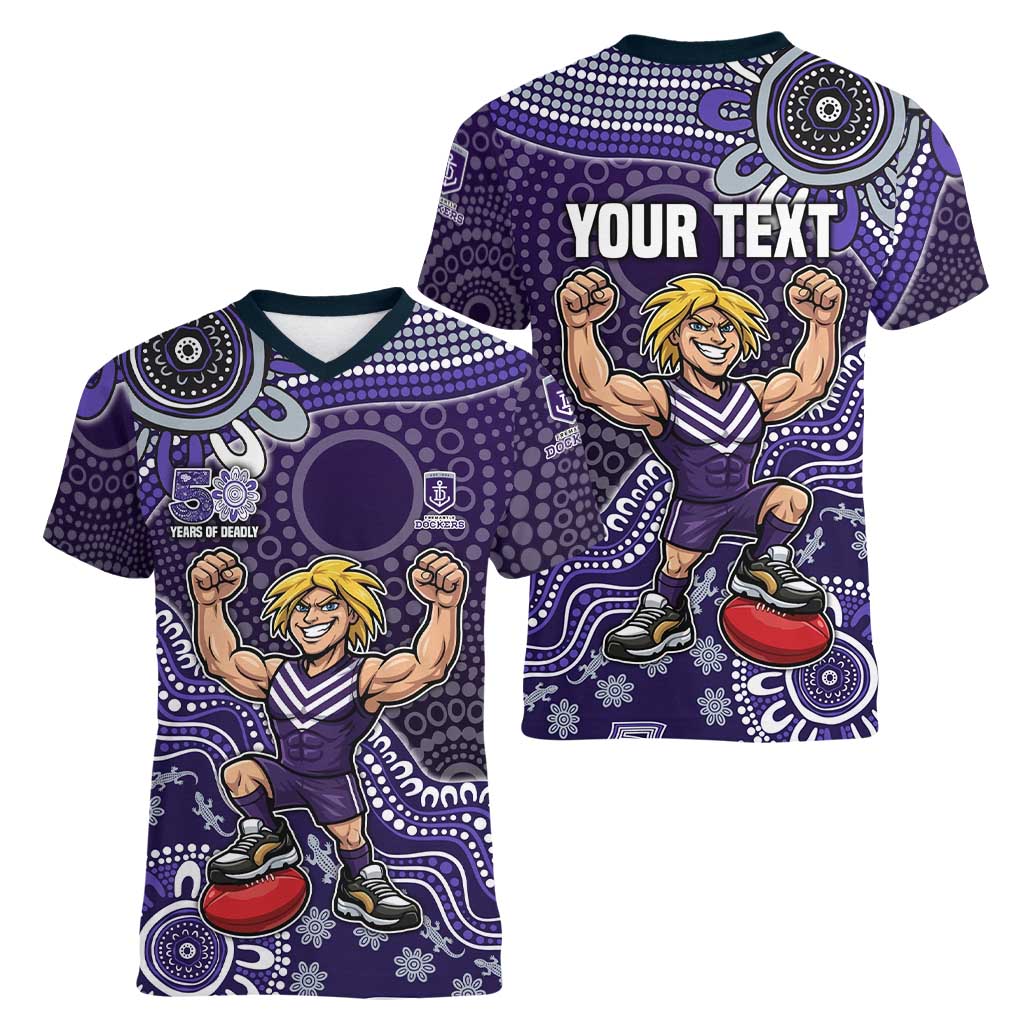 Personalized Freo Football Mascot Women V-Neck T-Shirt Aboriginal Dot Art Style Vibrant Indigenous Pattern Design