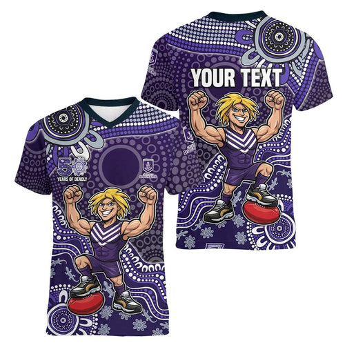 Personalized Freo Football Mascot Women V-Neck T-Shirt Aboriginal Dot Art Style Vibrant Indigenous Pattern Design