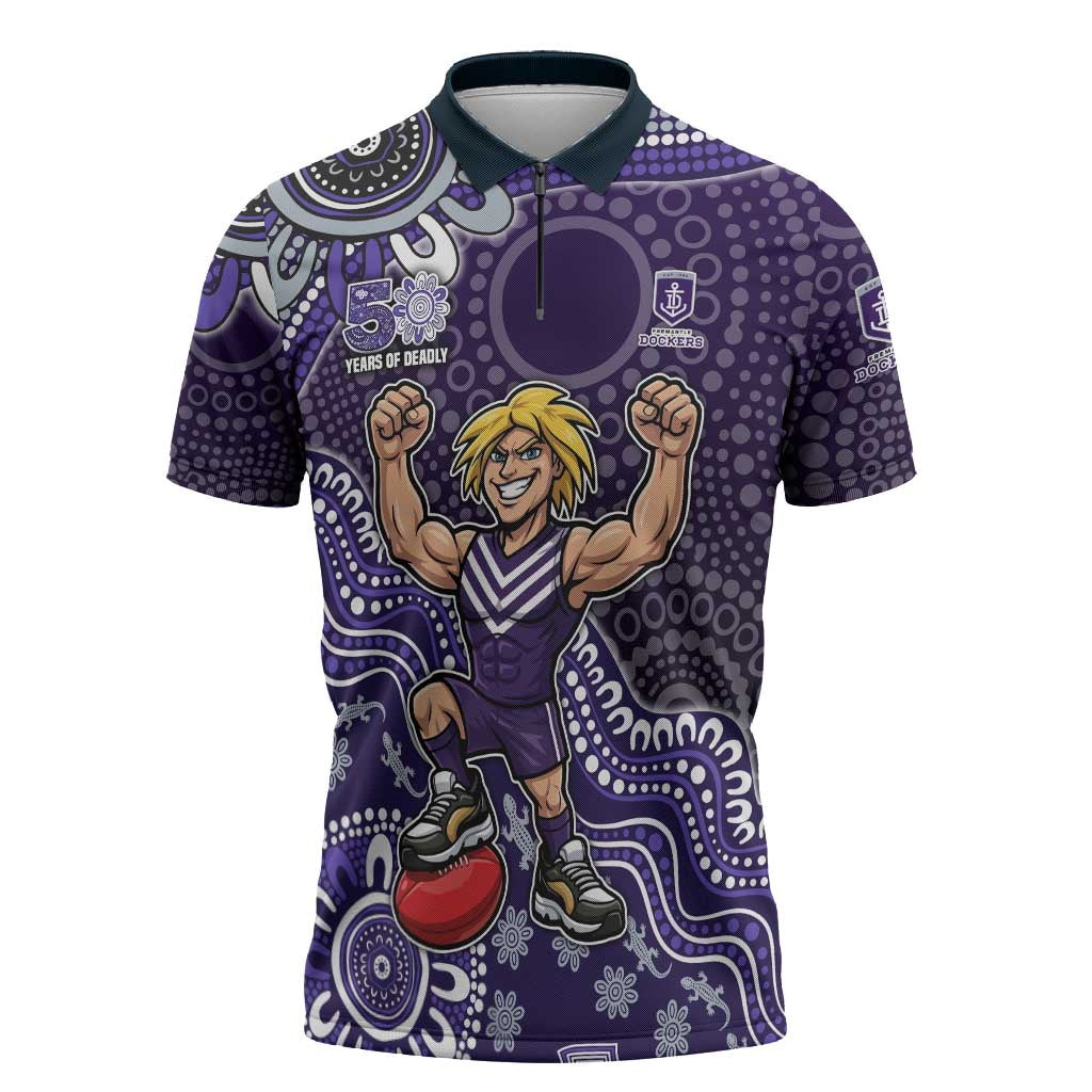 Personalized Freo Football Mascot Zipper Polo Shirt Aboriginal Dot Art Style Vibrant Indigenous Pattern Design