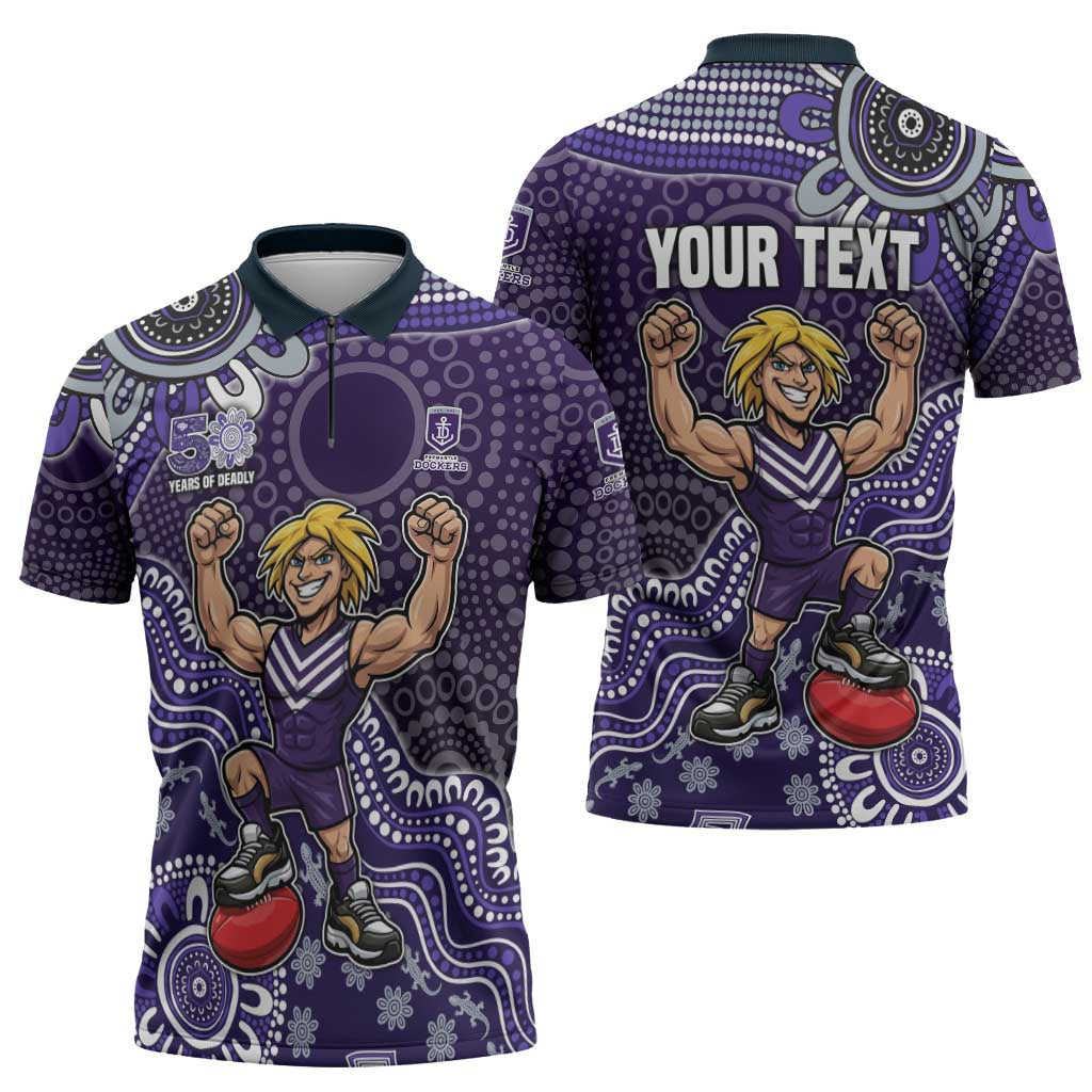 Personalized Freo Football Mascot Zipper Polo Shirt Aboriginal Dot Art Style Vibrant Indigenous Pattern Design