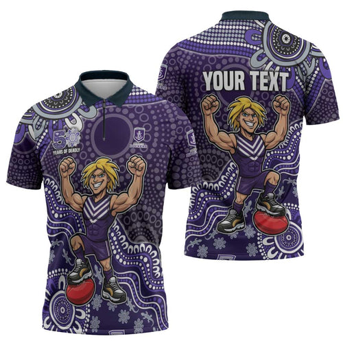 Personalized Freo Football Mascot Zipper Polo Shirt Aboriginal Dot Art Style Vibrant Indigenous Pattern Design