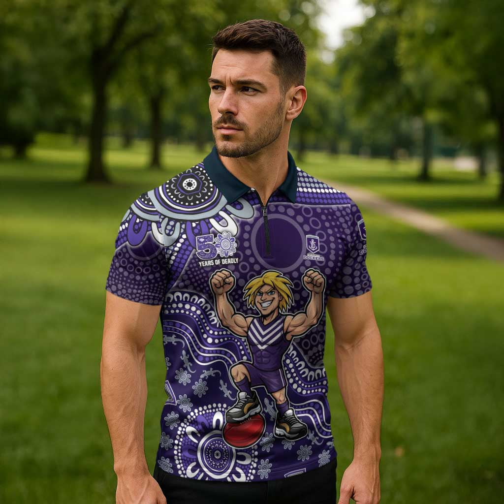 Personalized Freo Football Mascot Zipper Polo Shirt Aboriginal Dot Art Style Vibrant Indigenous Pattern Design