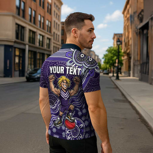 Personalized Freo Football Mascot Zipper Polo Shirt Aboriginal Dot Art Style Vibrant Indigenous Pattern Design