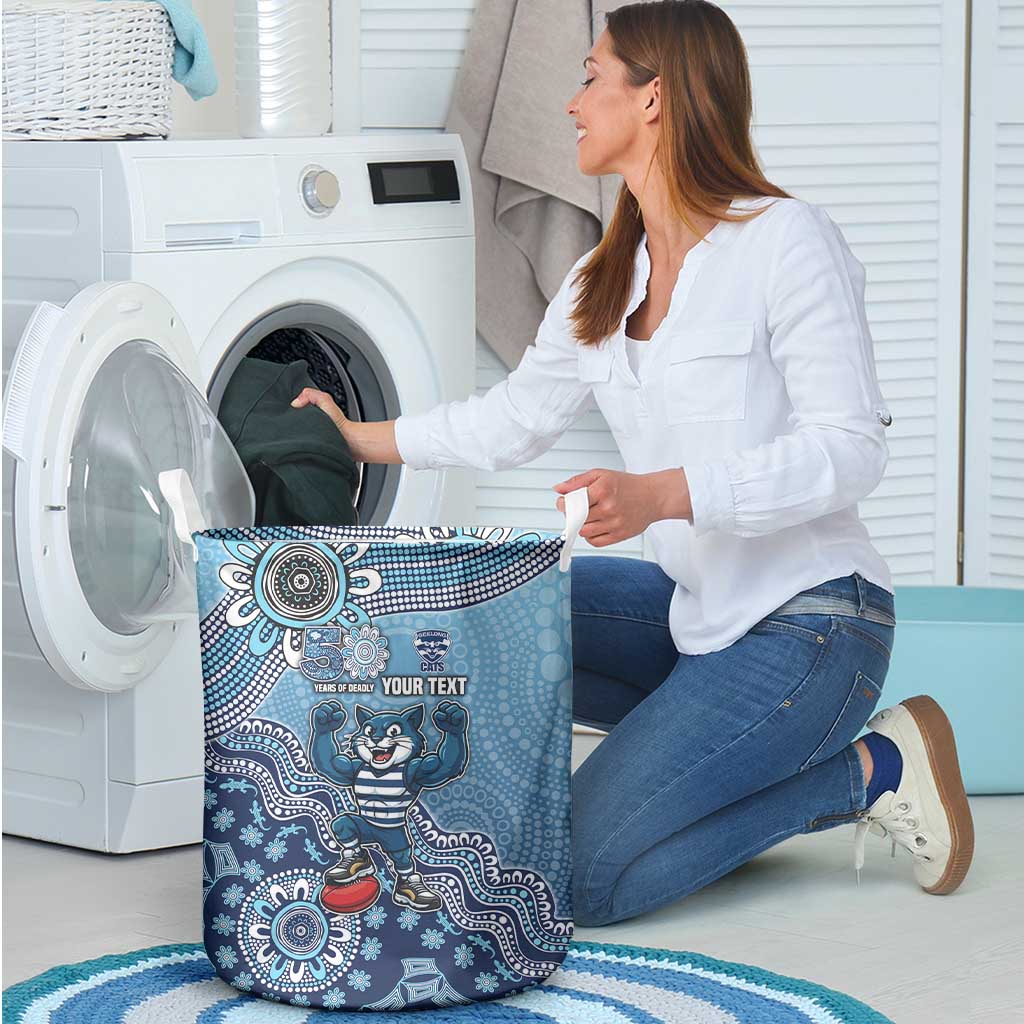 Personalized Geelong Cats Football Mascot Laundry Basket Aboriginal Dot Art Style Vibrant Indigenous Pattern Design
