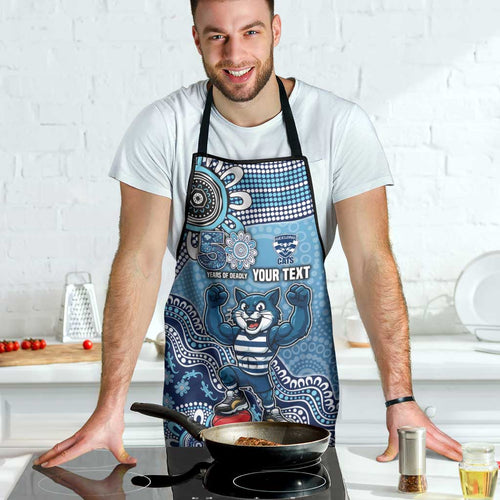 Personalized Geelong Cats Football Mascot Apron Aboriginal Dot Art Style Vibrant Indigenous Pattern Design