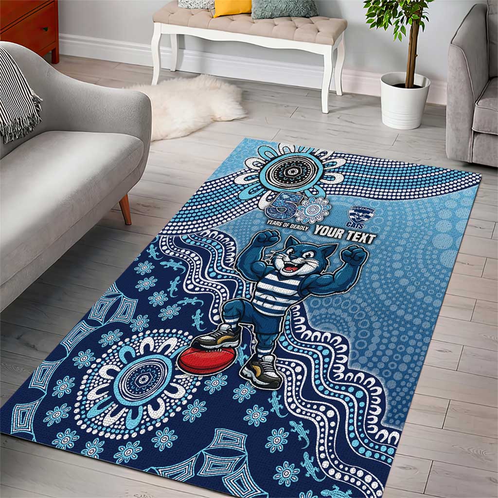 Personalized Geelong Cats Football Mascot Area Rug Aboriginal Dot Art Style Vibrant Indigenous Pattern Design