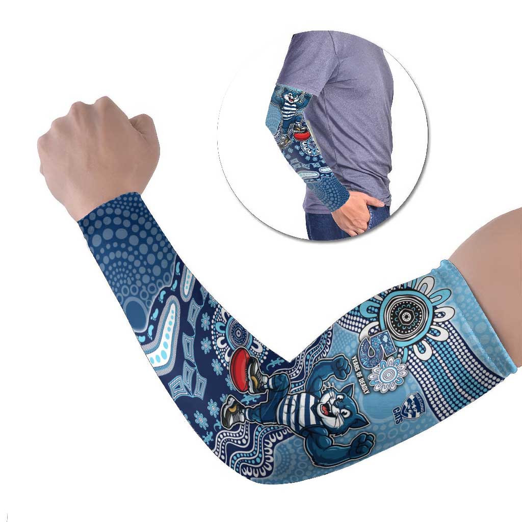 Personalized Geelong Cats Football Mascot Arm Sleeves Aboriginal Dot Art Style Vibrant Indigenous Pattern Design