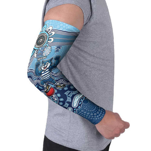 Personalized Geelong Cats Football Mascot Arm Sleeves Aboriginal Dot Art Style Vibrant Indigenous Pattern Design