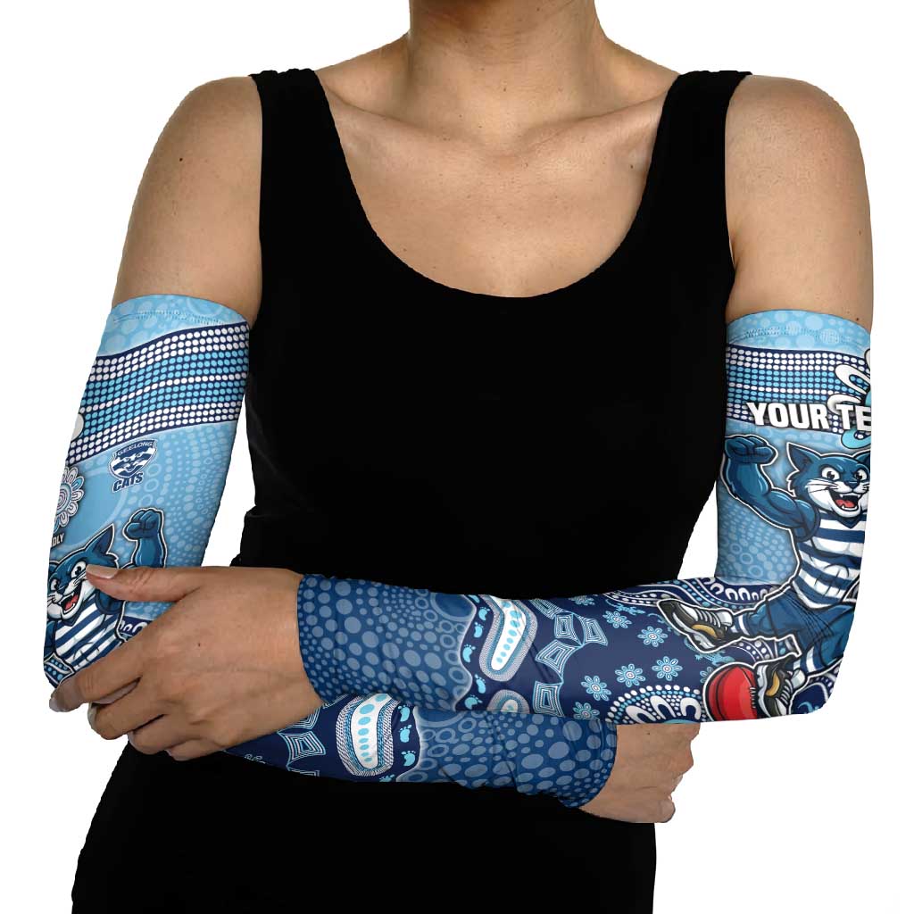 Personalized Geelong Cats Football Mascot Arm Sleeves Aboriginal Dot Art Style Vibrant Indigenous Pattern Design