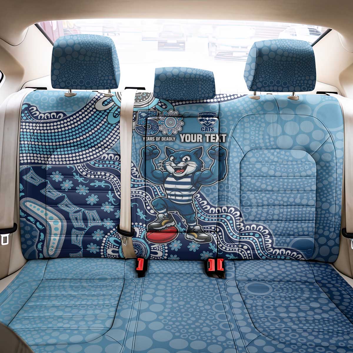 Personalized Geelong Cats Football Mascot Back Car Seat Cover Aboriginal Dot Art Style Vibrant Indigenous Pattern Design