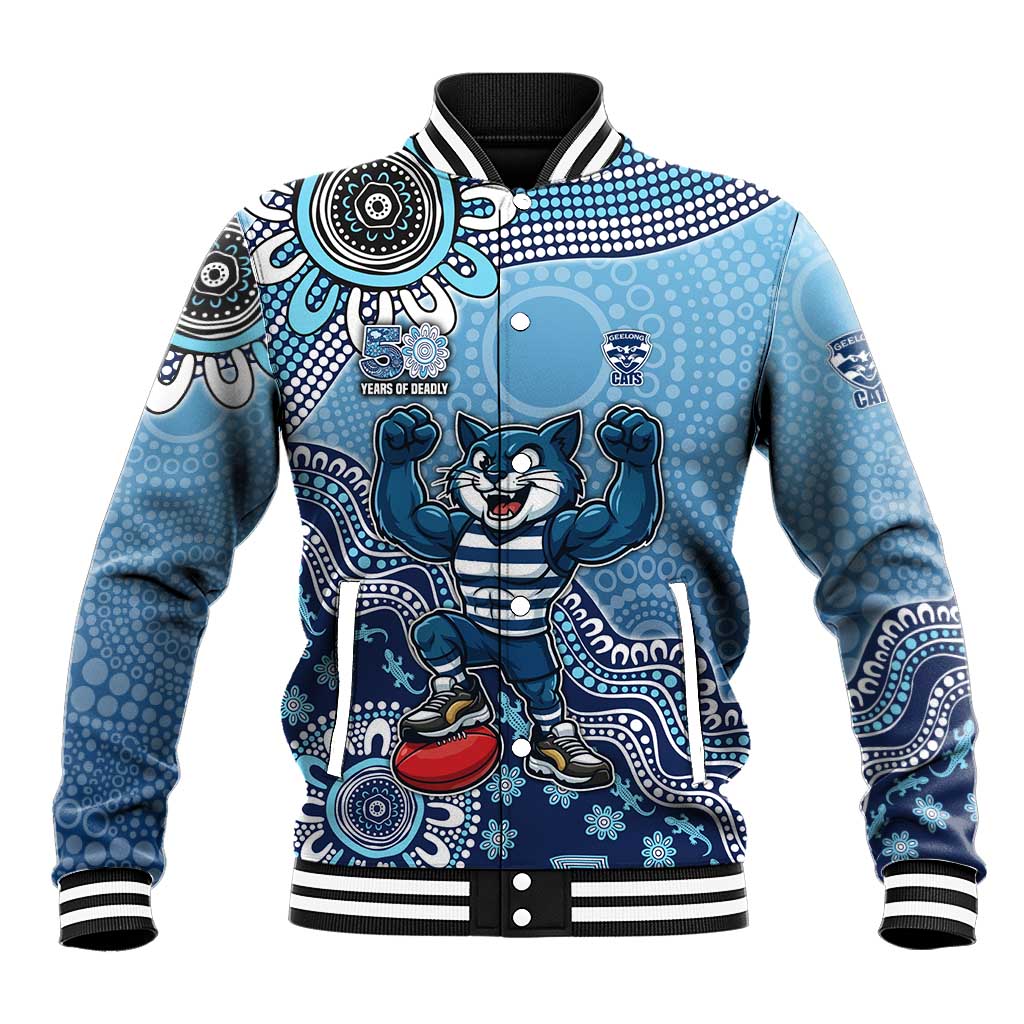Personalized Geelong Cats Football Mascot Baseball Jacket Aboriginal Dot Art Style Vibrant Indigenous Pattern Design