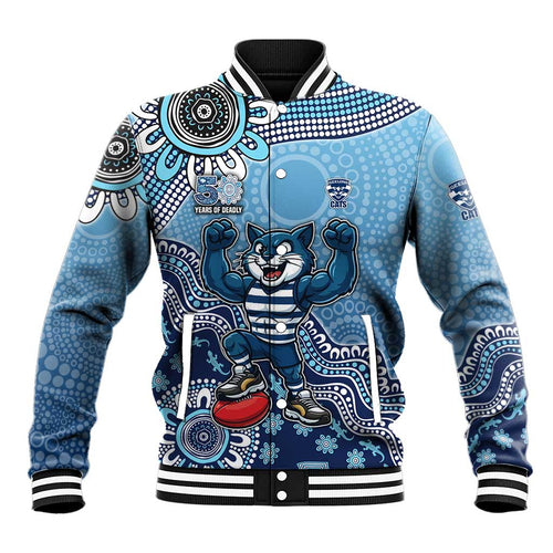 Personalized Geelong Cats Football Mascot Baseball Jacket Aboriginal Dot Art Style Vibrant Indigenous Pattern Design