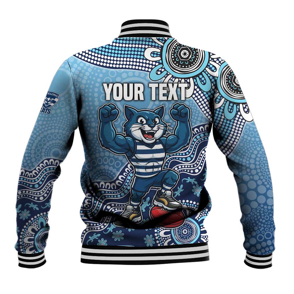 Personalized Geelong Cats Football Mascot Baseball Jacket Aboriginal Dot Art Style Vibrant Indigenous Pattern Design