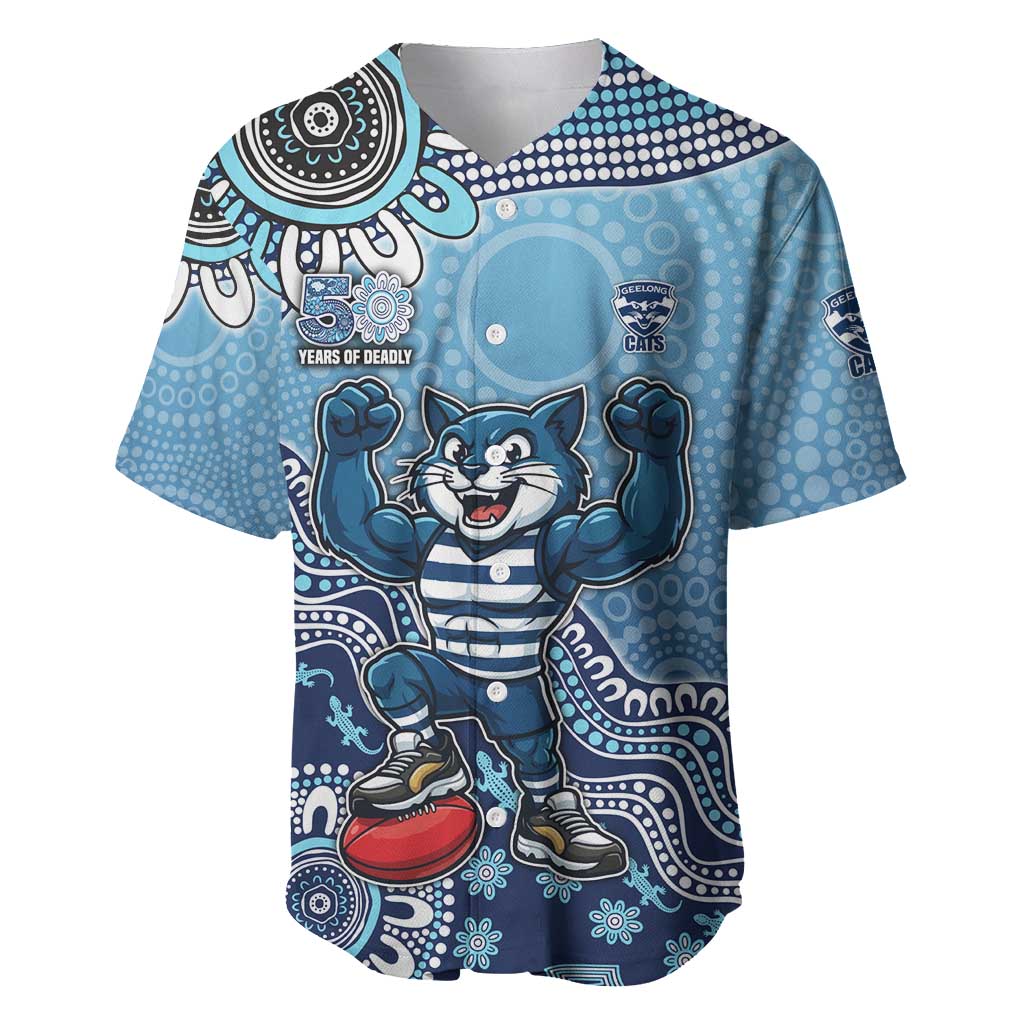 Personalized Geelong Cats Football Mascot Baseball Jersey Aboriginal Dot Art Style Vibrant Indigenous Pattern Design
