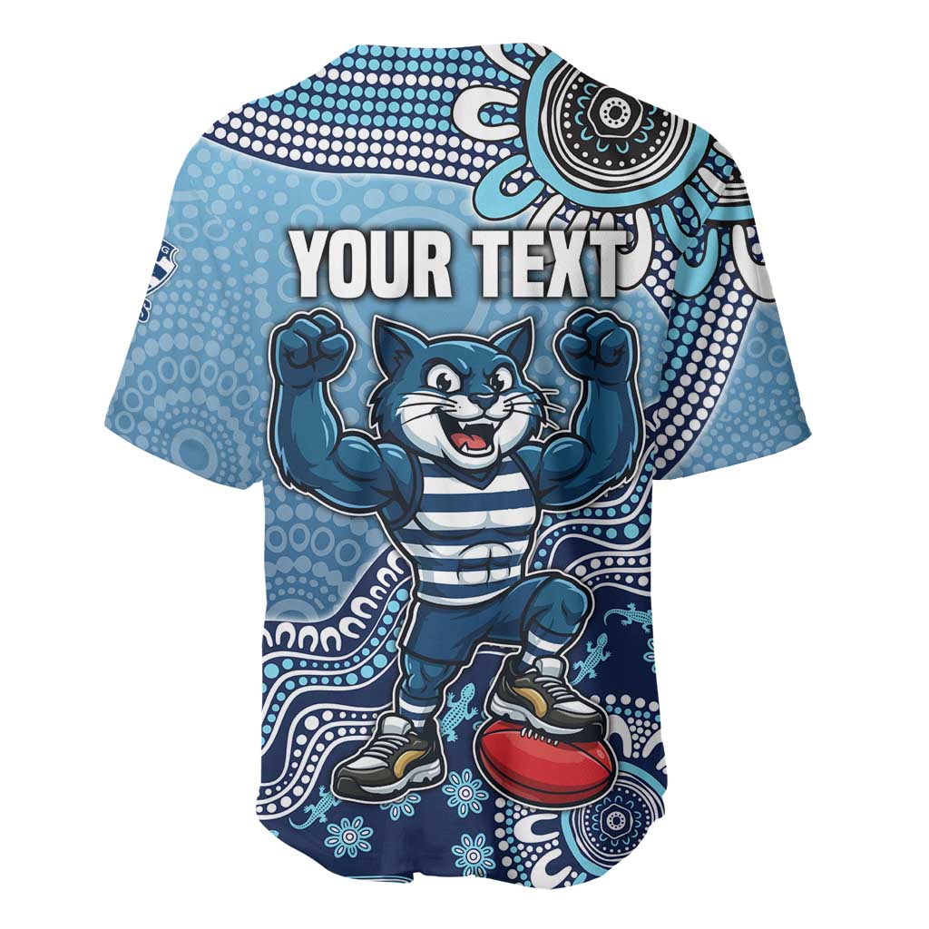 Personalized Geelong Cats Football Mascot Baseball Jersey Aboriginal Dot Art Style Vibrant Indigenous Pattern Design