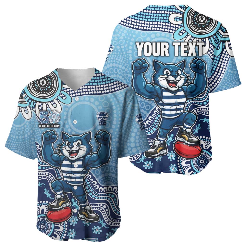 Personalized Geelong Cats Football Mascot Baseball Jersey Aboriginal Dot Art Style Vibrant Indigenous Pattern Design
