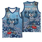 Personalized Geelong Cats Football Mascot Basketball Jersey Aboriginal Dot Art Style Vibrant Indigenous Pattern Design