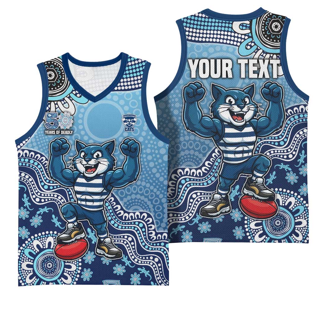 Personalized Geelong Cats Football Mascot Basketball Jersey Aboriginal Dot Art Style Vibrant Indigenous Pattern Design