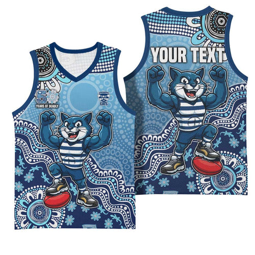 Personalized Geelong Cats Football Mascot Basketball Jersey Aboriginal Dot Art Style Vibrant Indigenous Pattern Design