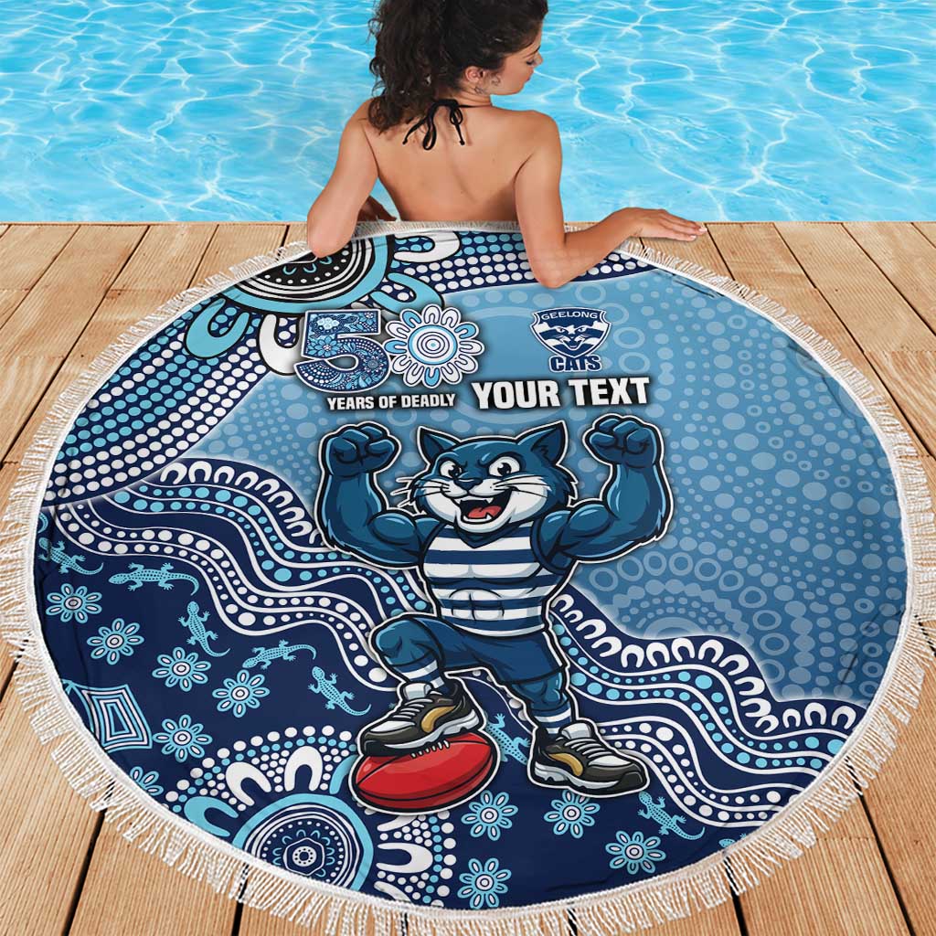 Personalized Geelong Cats Football Mascot Beach Blanket Aboriginal Dot Art Style Vibrant Indigenous Pattern Design