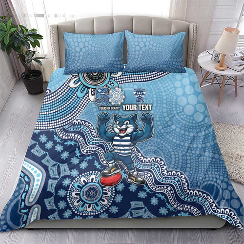 Personalized Geelong Cats Football Mascot Bedding Set Aboriginal Dot Art Style Vibrant Indigenous Pattern Design