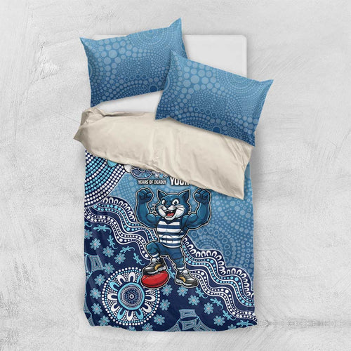 Personalized Geelong Cats Football Mascot Bedding Set Aboriginal Dot Art Style Vibrant Indigenous Pattern Design