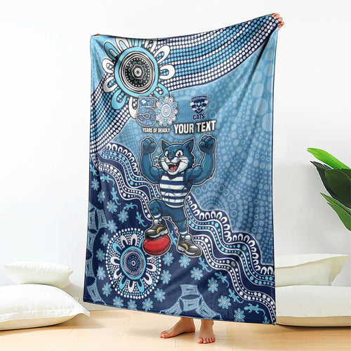 Personalized Geelong Cats Football Mascot Blanket Aboriginal Dot Art Style Vibrant Indigenous Pattern Design