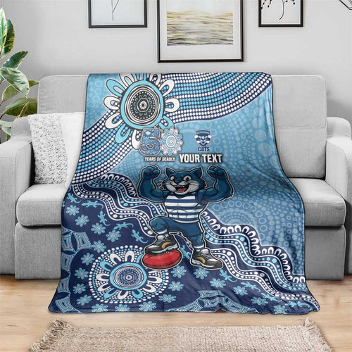 Personalized Geelong Cats Football Mascot Blanket Aboriginal Dot Art Style Vibrant Indigenous Pattern Design