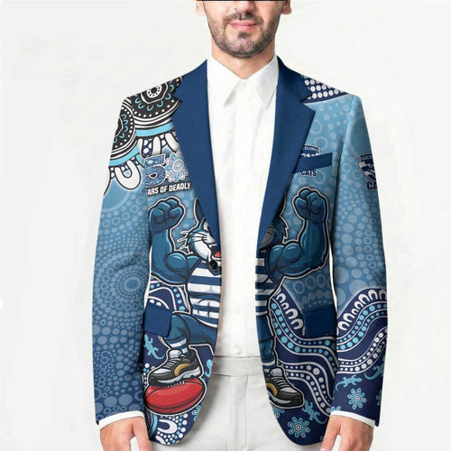 Personalized Geelong Cats Football Mascot Blazer Aboriginal Dot Art Style Vibrant Indigenous Pattern Design
