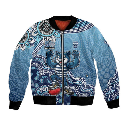 Personalized Geelong Cats Football Mascot Bomber Jacket Aboriginal Dot Art Style Vibrant Indigenous Pattern Design