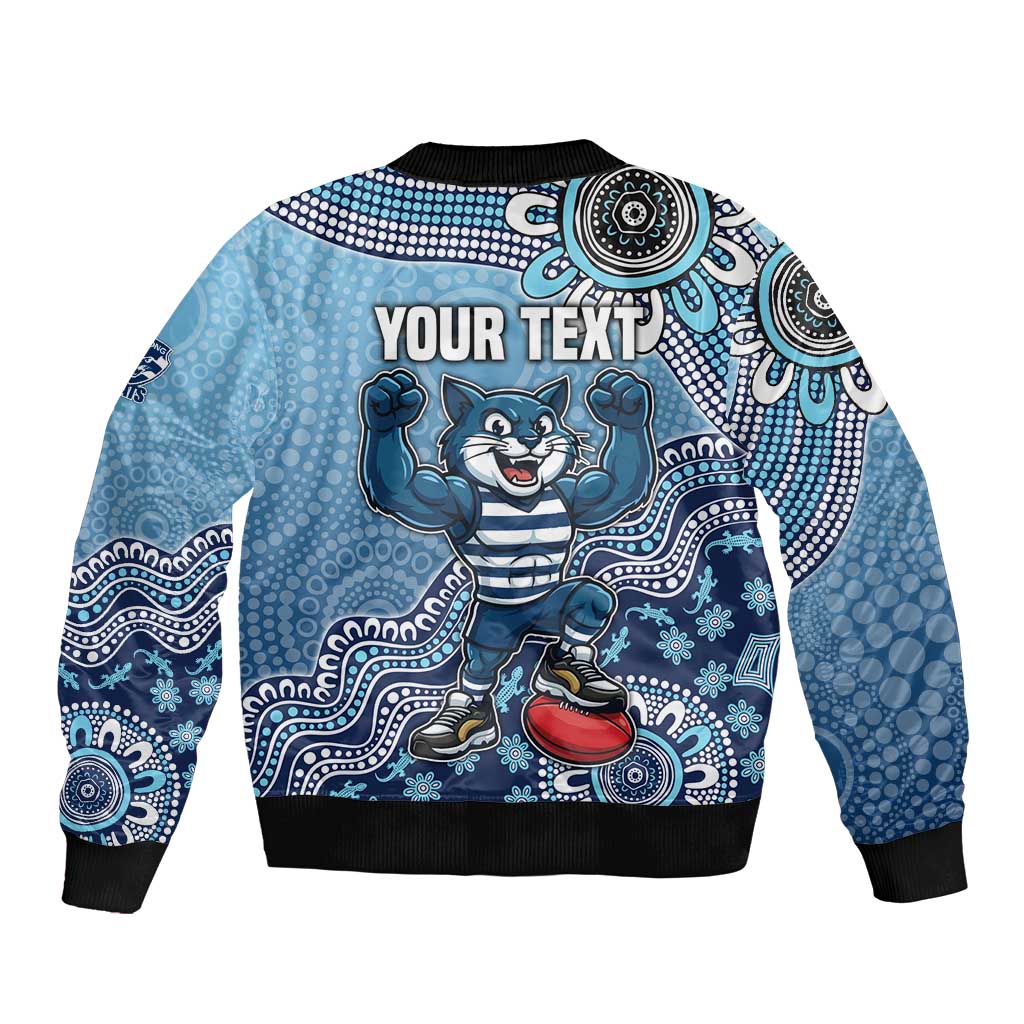 Personalized Geelong Cats Football Mascot Bomber Jacket Aboriginal Dot Art Style Vibrant Indigenous Pattern Design