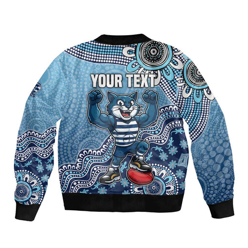 Personalized Geelong Cats Football Mascot Bomber Jacket Aboriginal Dot Art Style Vibrant Indigenous Pattern Design