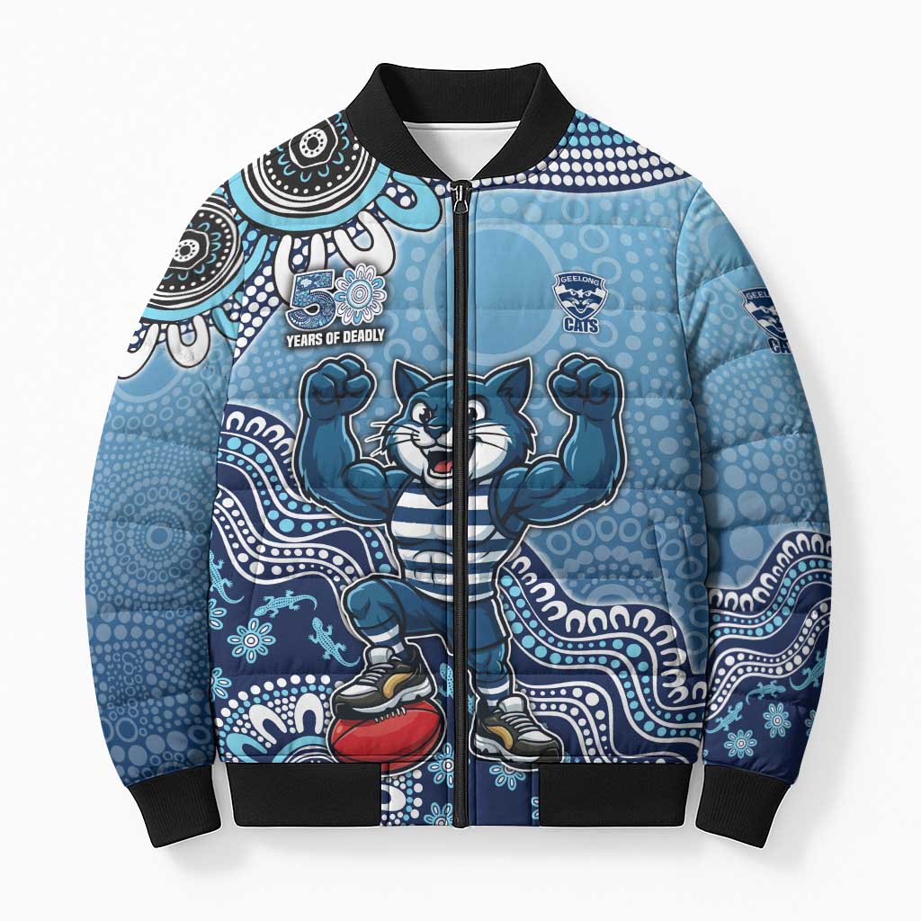 Personalized Geelong Cats Football Mascot Bomber Puffer Jacket Aboriginal Dot Art Style Vibrant Indigenous Pattern Design