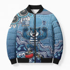 Personalized Geelong Cats Football Mascot Bomber Puffer Jacket Aboriginal Dot Art Style Vibrant Indigenous Pattern Design