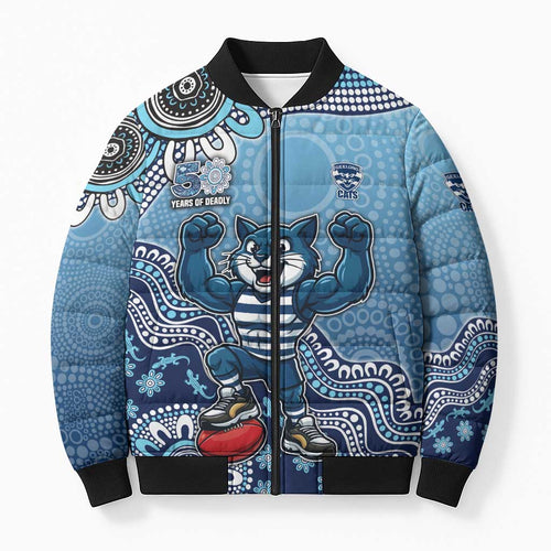 Personalized Geelong Cats Football Mascot Bomber Puffer Jacket Aboriginal Dot Art Style Vibrant Indigenous Pattern Design