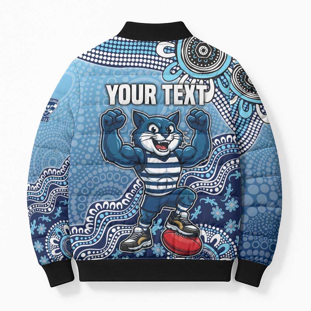 Personalized Geelong Cats Football Mascot Bomber Puffer Jacket Aboriginal Dot Art Style Vibrant Indigenous Pattern Design