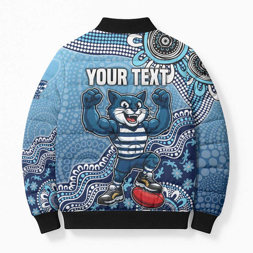 Personalized Geelong Cats Football Mascot Bomber Puffer Jacket Aboriginal Dot Art Style Vibrant Indigenous Pattern Design