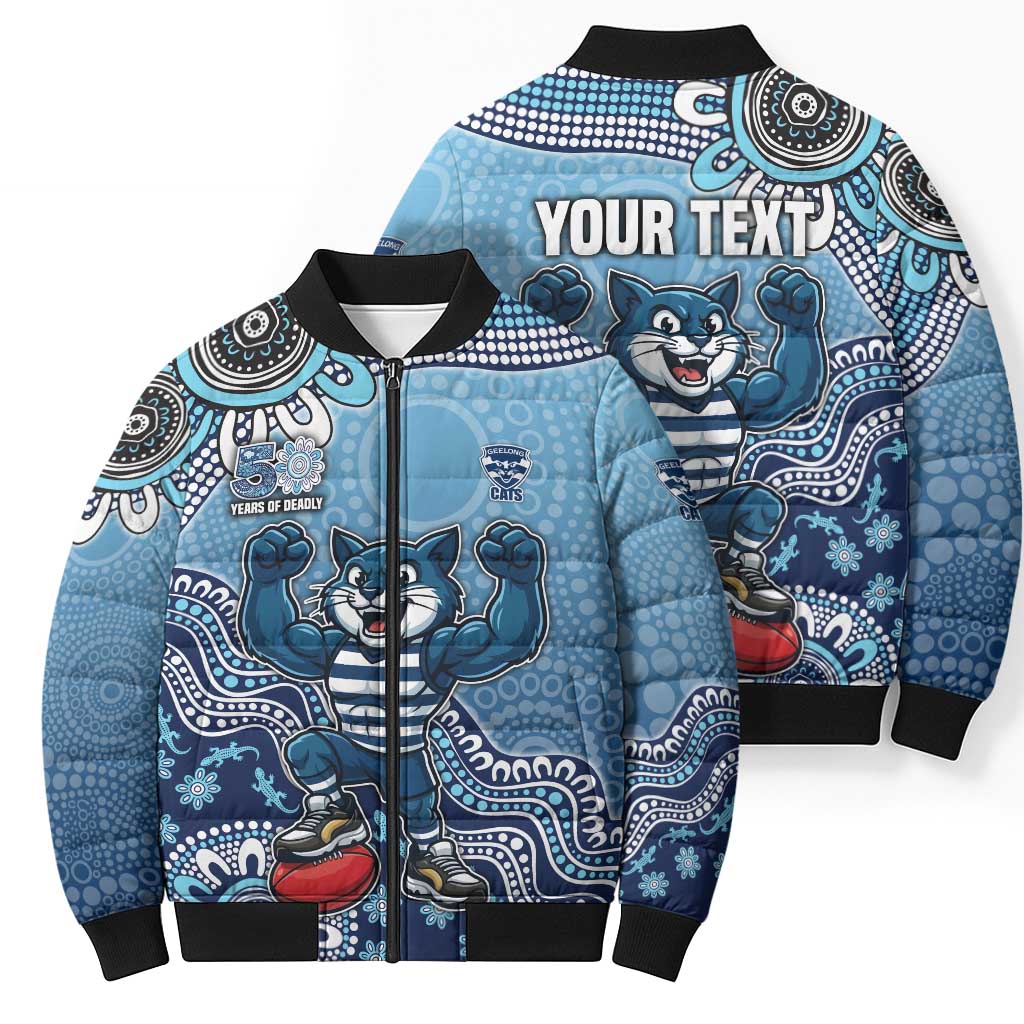 Personalized Geelong Cats Football Mascot Bomber Puffer Jacket Aboriginal Dot Art Style Vibrant Indigenous Pattern Design