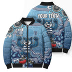 Personalized Geelong Cats Football Mascot Bomber Puffer Jacket Aboriginal Dot Art Style Vibrant Indigenous Pattern Design