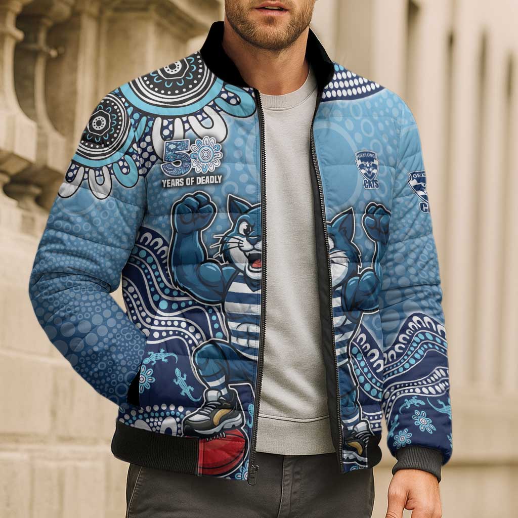 Personalized Geelong Cats Football Mascot Bomber Puffer Jacket Aboriginal Dot Art Style Vibrant Indigenous Pattern Design