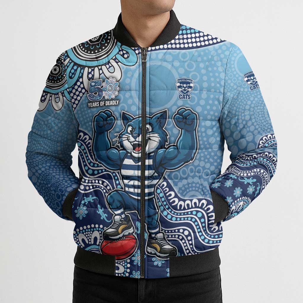 Personalized Geelong Cats Football Mascot Bomber Puffer Jacket Aboriginal Dot Art Style Vibrant Indigenous Pattern Design