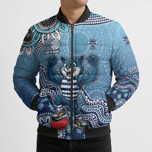 Personalized Geelong Cats Football Mascot Bomber Puffer Jacket Aboriginal Dot Art Style Vibrant Indigenous Pattern Design