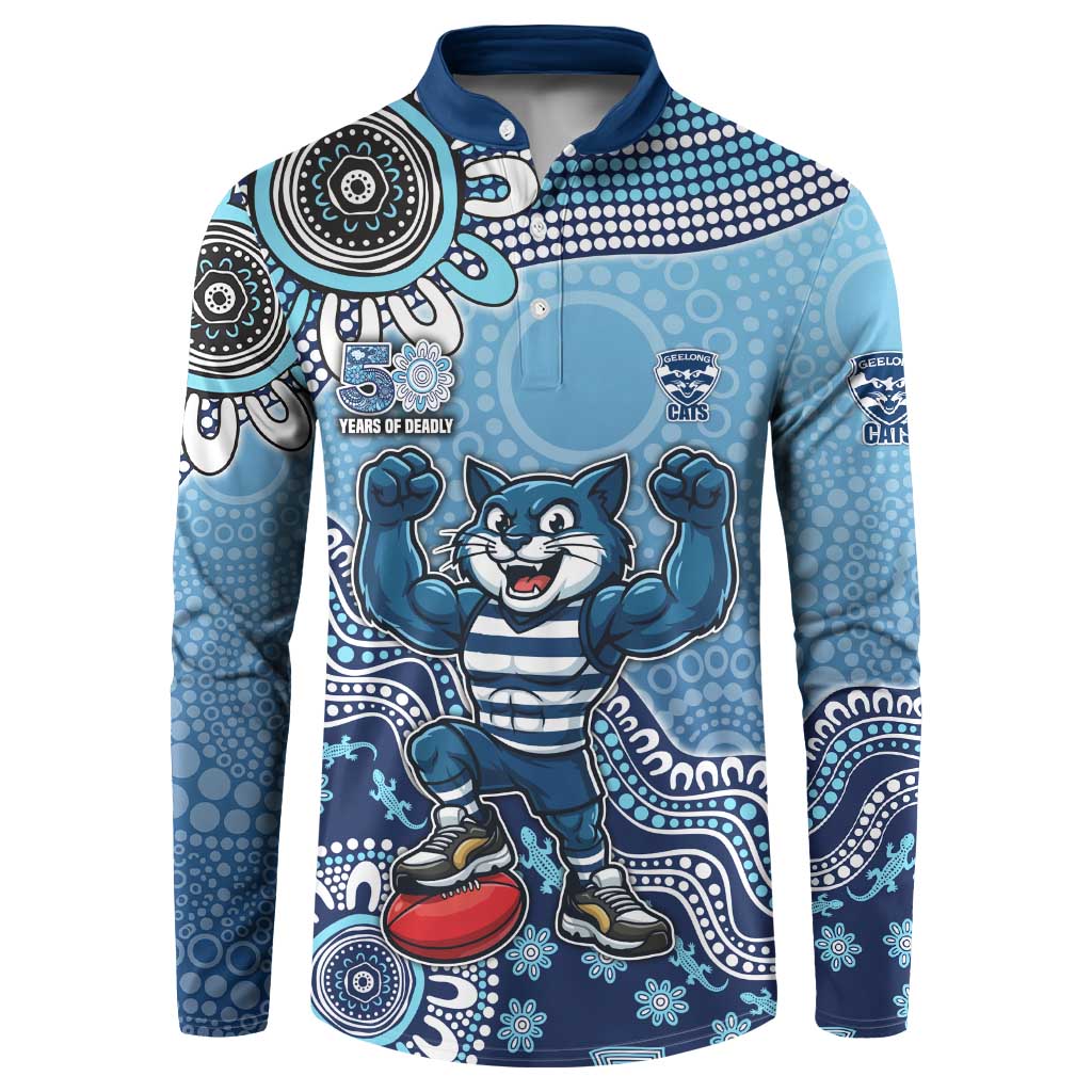 Personalized Geelong Cats Football Mascot Button Sweatshirt Aboriginal Dot Art Style Vibrant Indigenous Pattern Design